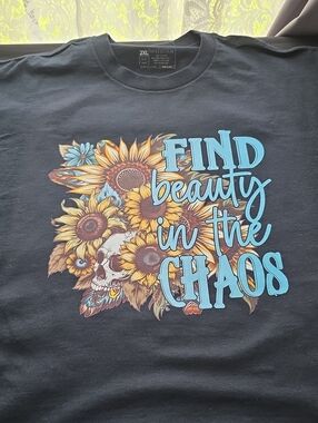 Gildan Black Tee with Blue Text & Yellow Sunflower Graphic